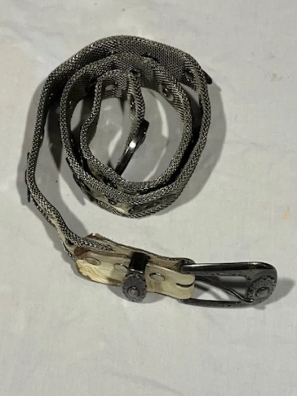 VTG Silver Tone Metal Mesh White Leather Concho Grommets Belt Western Buckle32 M